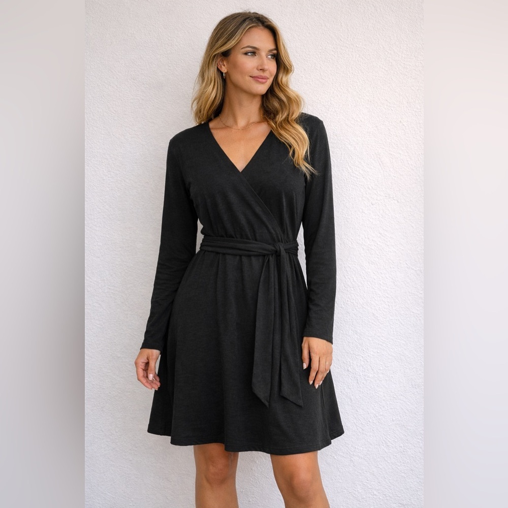 Toad&Co Dress Organic Cotton Faux Wrap Black VNeck Long Sleeve Belted Pockets XL